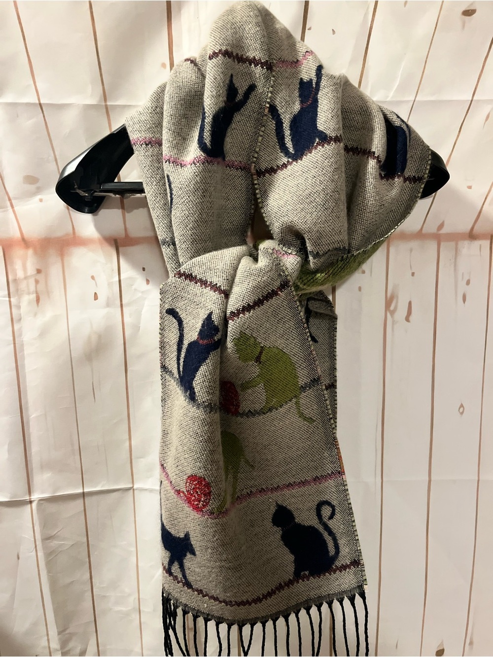 Neutral Cat Motif Wool-Blend Scarf with Navy & Green Cats